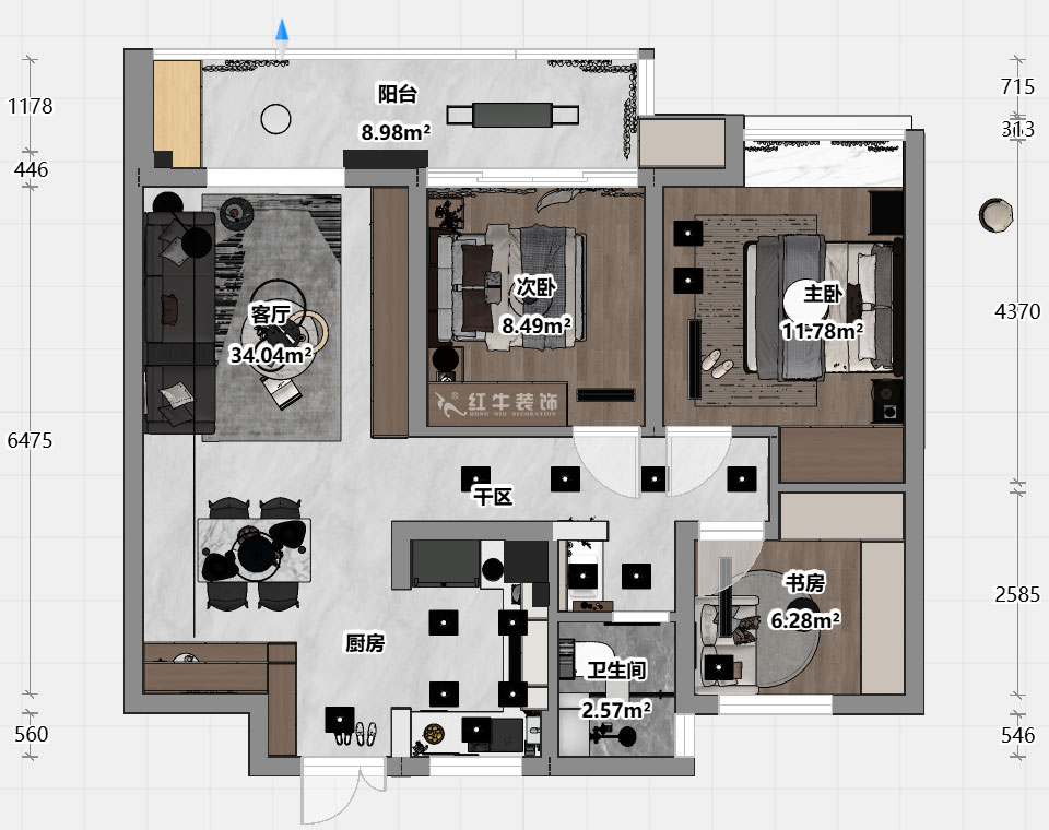 魏明花｜万科久都荟A区2-2102-89㎡-现代简约风格｜3室2厅1卫｜二手房装修｜定制家｜全包12万｜00_03平面彩图